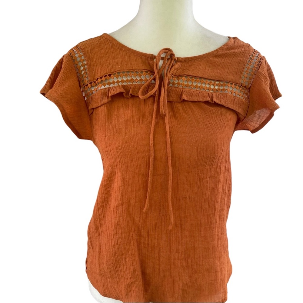 E & M Burnt Orange Flowy Dainty Ruffle Tie Blouse Top